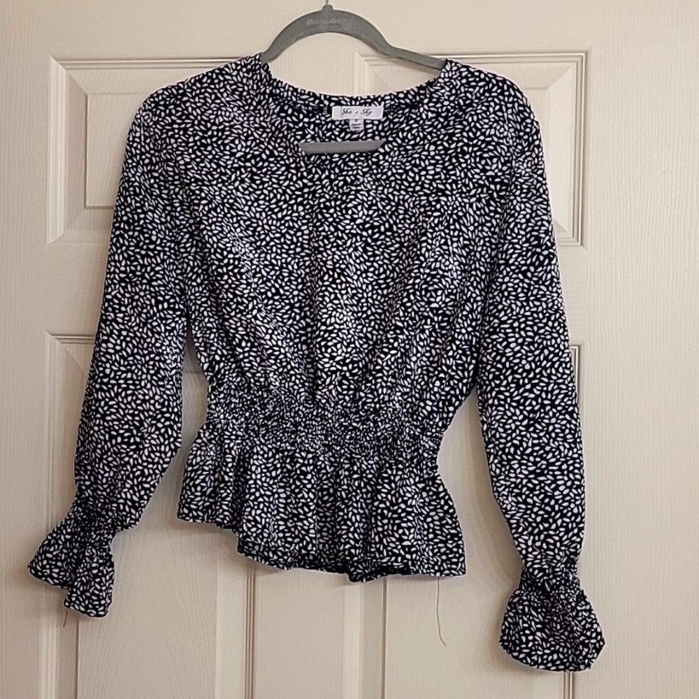 She and Sky Black and White Peplum Blouse - Small
